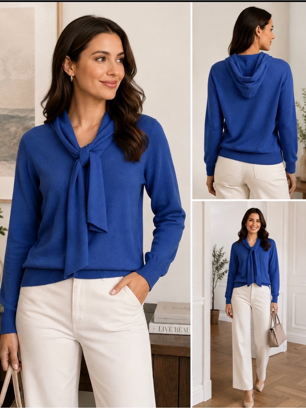 MILA Women’s XL Cobalt Blue Tie Neck Sweater Long Sleeve Preppy Coastal Chic